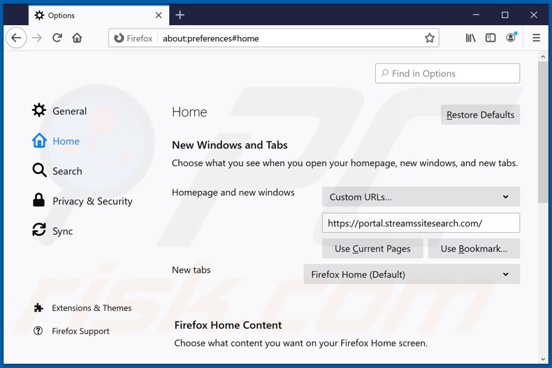 streamssitesearch.com von der Mozilla Firefox Startseite entfernen