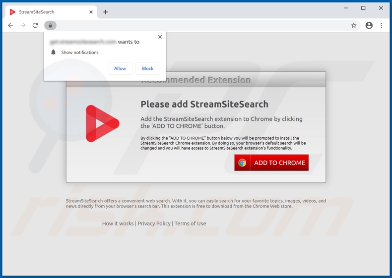 Verwendete Webseite, um den StreamSiteSearch Browserentführer zu fördern