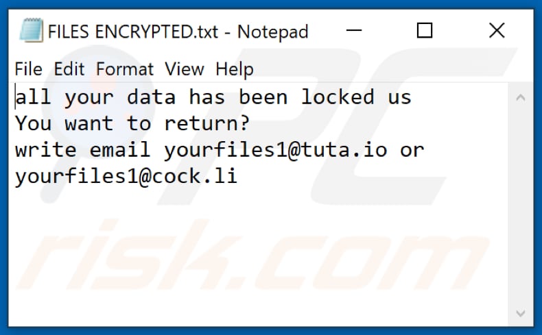 YUFL ransomware text file (FILES ENCRYPTED.txt)