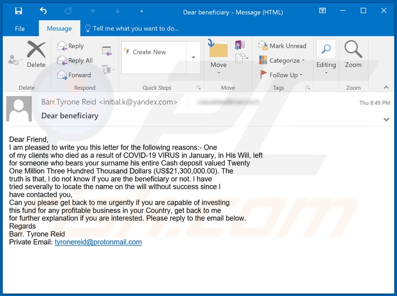 beneficiary inheritance E-Mail-Betrug Variante mit dem Thema Covid