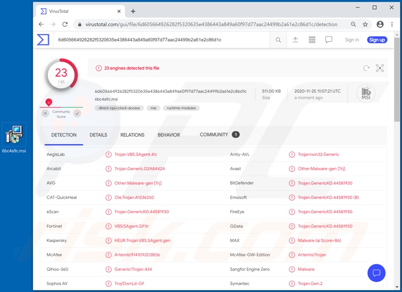 Chaes Malware (gefälschtes Installationsprogramm) Erkennungen auf VirusTotal