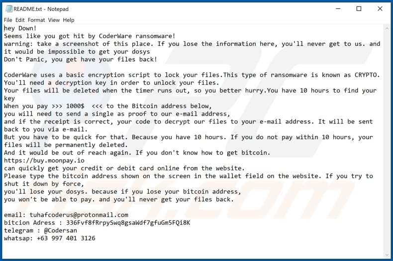 CoderWare Ransomware Textdatei (README.txt)