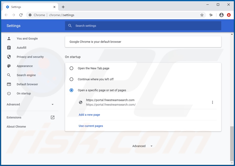Removing freestreamsearch.com from Google Chrome homepage