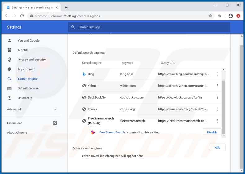 Removing freestreamsearch.com from Google Chrome default search engine