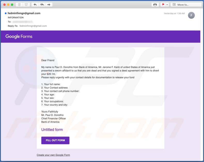 Google Forms email scam second variant