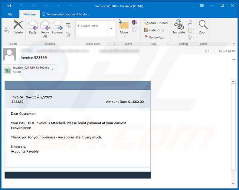 Spam-E-Mail mit dem Thema Rechnung zur Verbreitung eines bösartigen MS Excel Dokuments (2020-11-03)