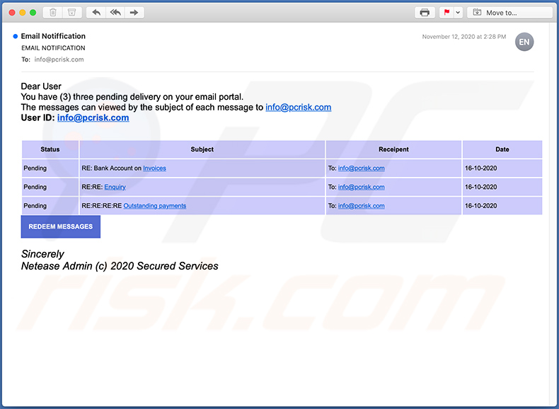 Mail-quota benannte Spam-E-Mail fördert eine Phishing Webseite (2020-11-17)