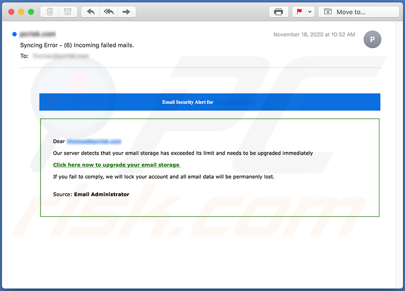 Mail quota benannte Spam-E-Mail fördert eine Phishing Seite