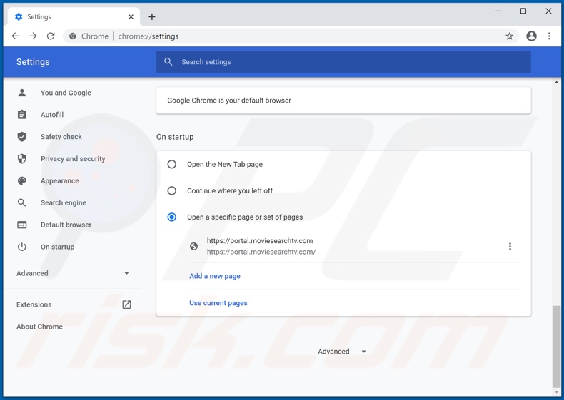 Removing moviesearchtv.com from Google Chrome homepage