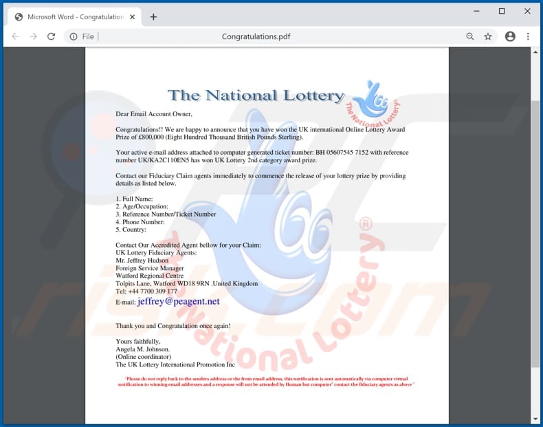 national lottery email scam PDF-Dokument