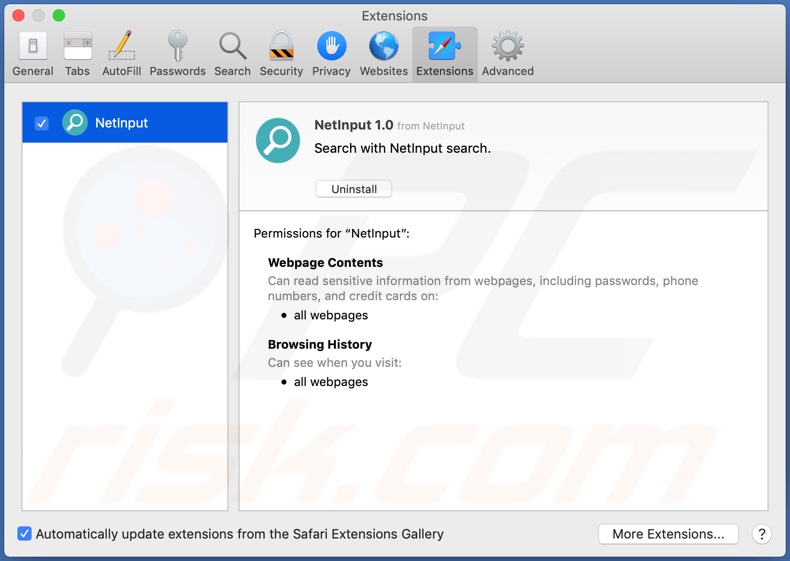 NetInput adware installed onto Safari