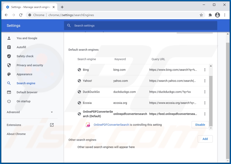 onlinepdfconvertersearch.com von der Google Chrome Standardsuchmaschine entfernen