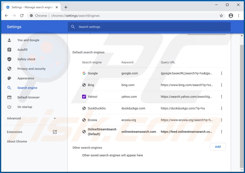 Removing onlinestreamsearch.com from Google Chrome default search engine