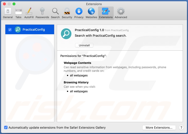 PracticalConfig adware installed onto Safari