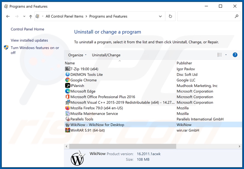 WikiNow adware uninstall via Control Panel