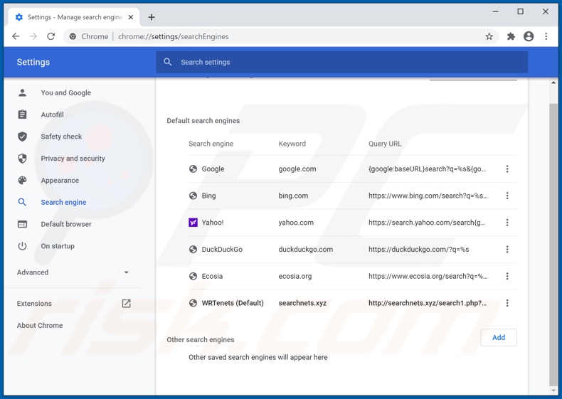 searchnets.xyz von der Google Chrome Standardsuchmaschine entfernen