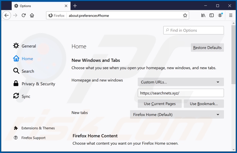 searchnets.xyz von der Mozilla Firefox Startseite entfernen