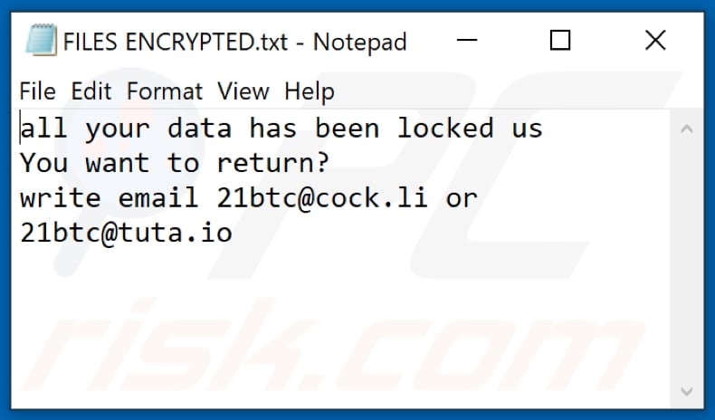 21btc Ransomware Textdatei (FILES ENCRYPTED.txt)