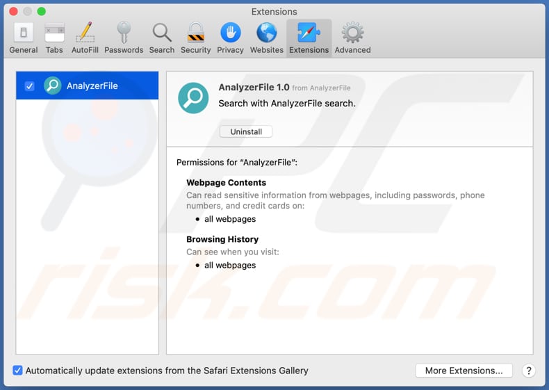 analyzerfile adware safari extension