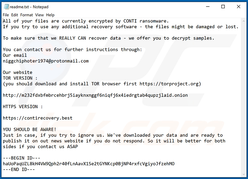 Von der CONTI Ransomware Varainte gezeigte Lösegeldforderung, die die Erweiterung .SYTCO anhängt
