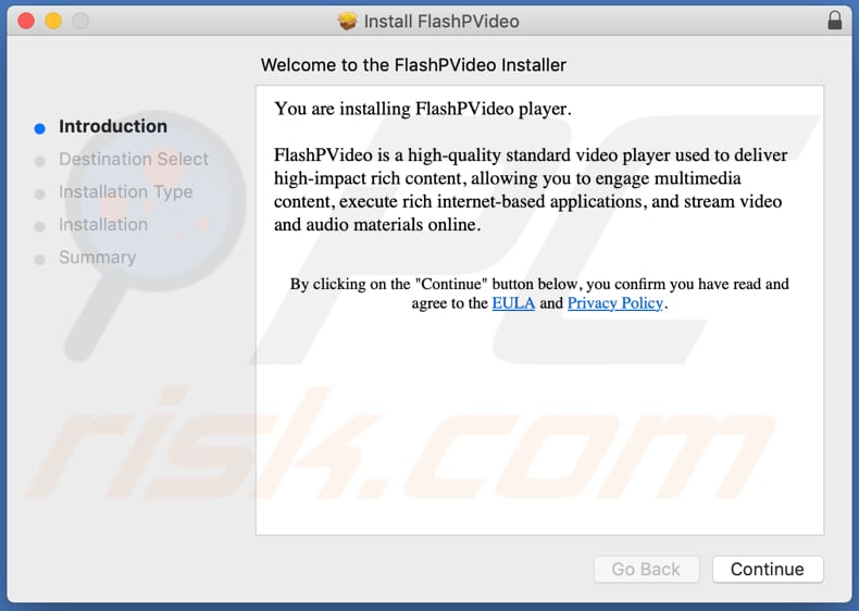 Betrügerisches Installationsprogramm, dass verwendet wird, um FlashPVideo Adware zu fördern