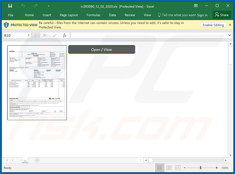 Bösartiges MS Excel-Dokument, das zum Einschleusen von Dridex-Malware in das System verwendet wird