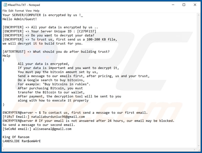 LANDSLIDE ransomware text file (#ReadThis.TXT)