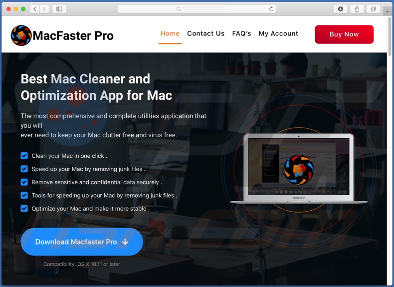Verwendete Webseite zur Förderung von Macfaster Pro PUA