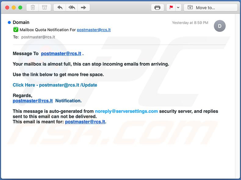 Mail quota benannte Spam-E-Mail zur Förderung einer Phishing Webseite (2020-12-08)