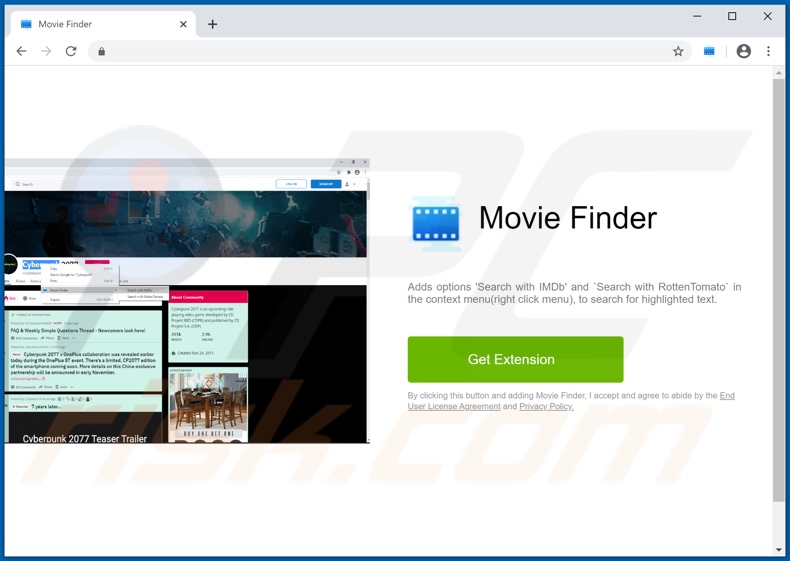 Webseite, die verwendet wird, um Movie Finder Adware zu fördern
