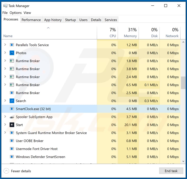 passwordstealer Spyware smartclock.exe bösartiger Prozess im Task Manager