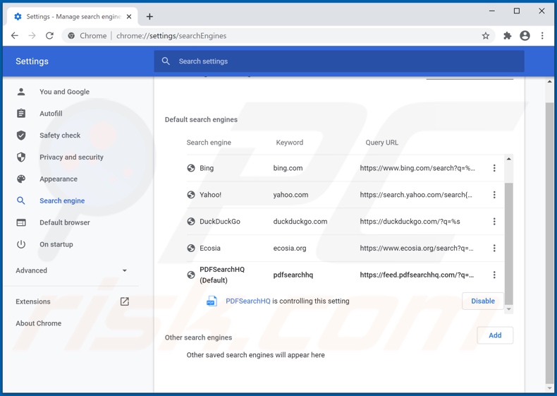 Entfernung von pdfsearchhq.com von der Google Chrome Standardsuchmaschine