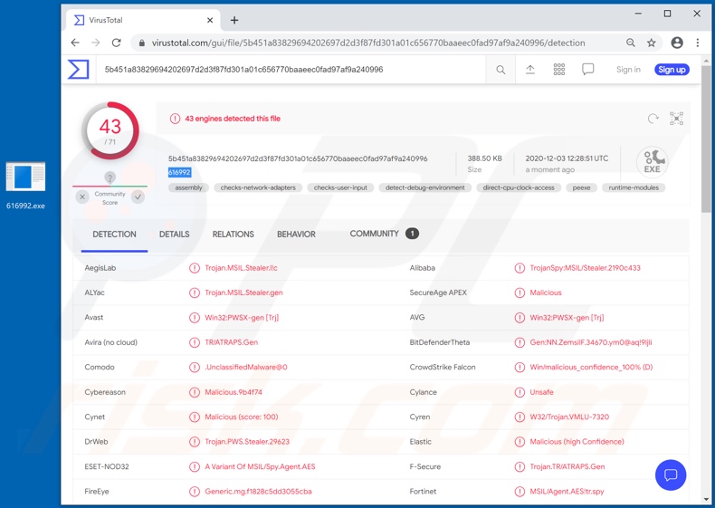 Snake Malware Erkennungen auf VirusTotal