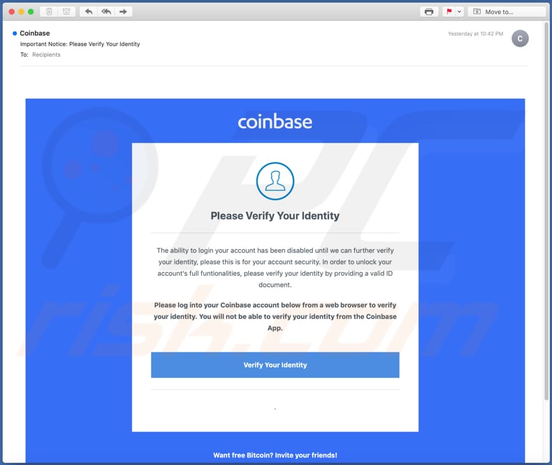 Coinbase E-Mail-Betrug E-Mail-Spam-Kampagne