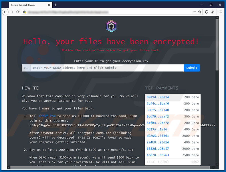 DeroHE Ransomware Tor-Webseite