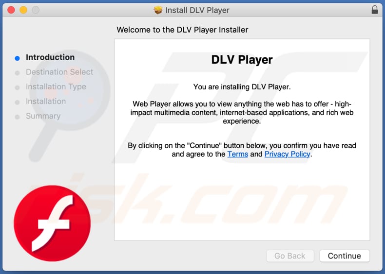 Irreführendes Installationsprogramm, das zur Förderung von DLVPlayer Adware gefördert wird