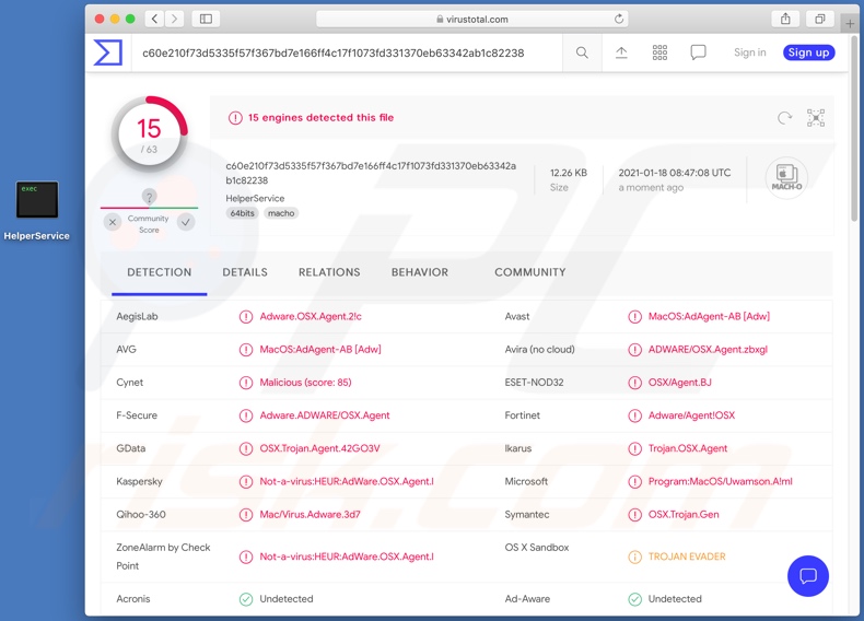 HelperService Adware Erkennungen auf VirusTotal