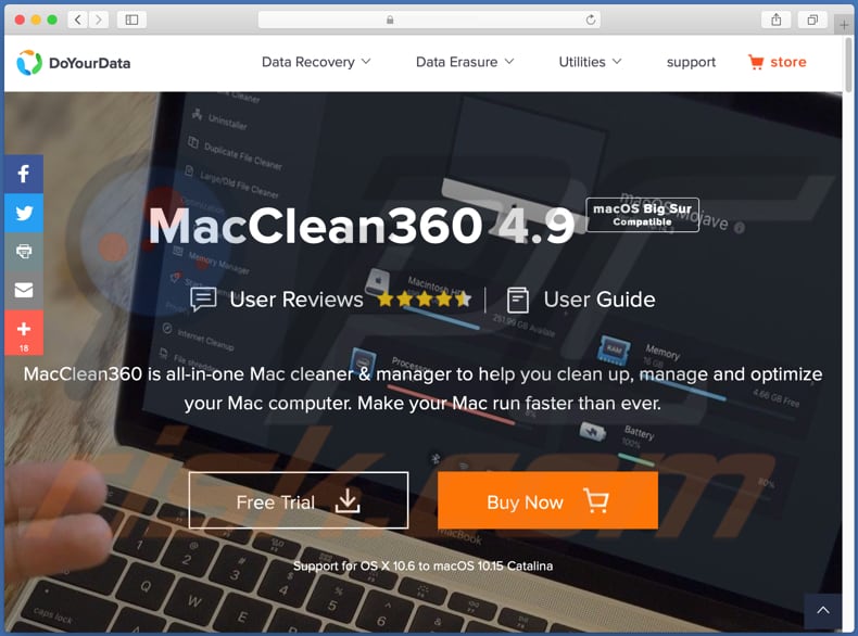 Webseite zur Förderung der MacClean360 PUA