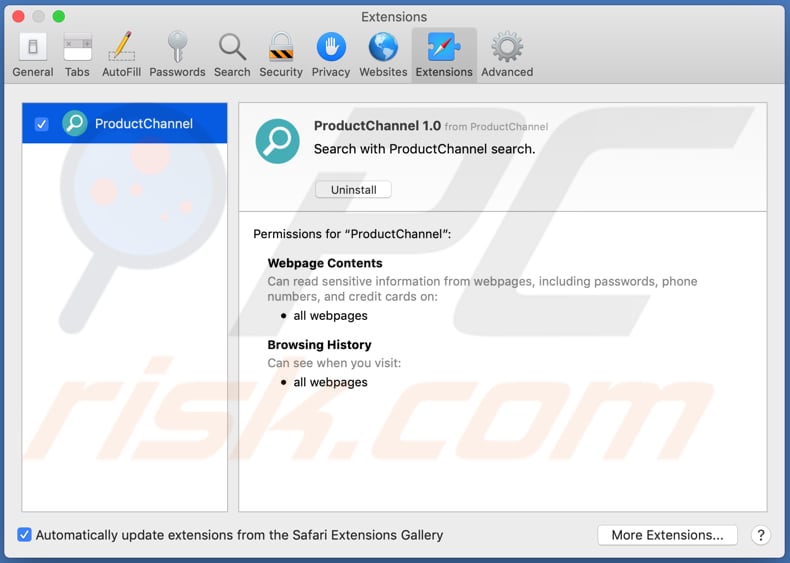 productchannel Adware auf Safari installiert