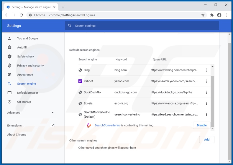 searchconverterinc.com von der Google Chrome Standardsuchmaschine entfernen