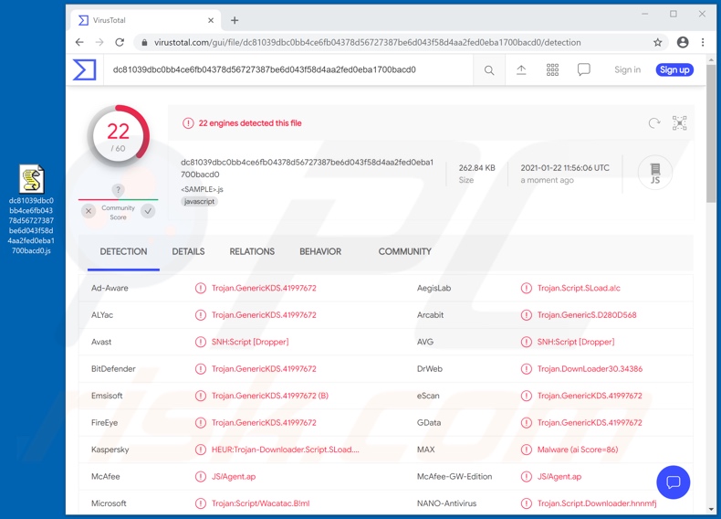 ViperSoftX Malware Erkennungen auf VirusTotal