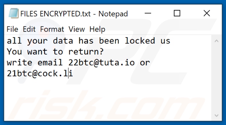 22btc Ransomware Textnachricht (FILES ENCRYPTED.txt)