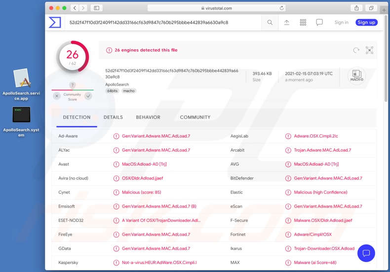 ApolloSearch Adware Erkennungen auf VirusTotal