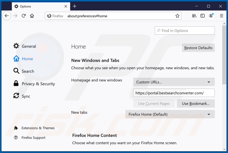 bestsearchconverter.com von der Mozilla Firefox Startseite entfernen