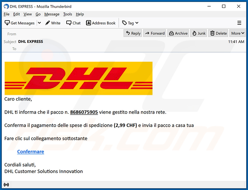 Italienische Variante der DHL Express Spam-E-Mail