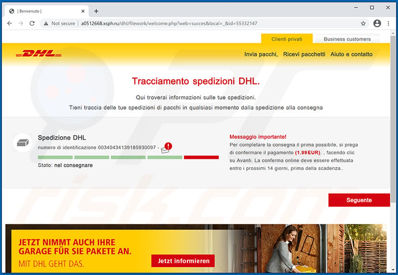 Gefälschte DHL-Webseite wird über italienische Variante der DHL Express-Spam-E-Mail beworben
