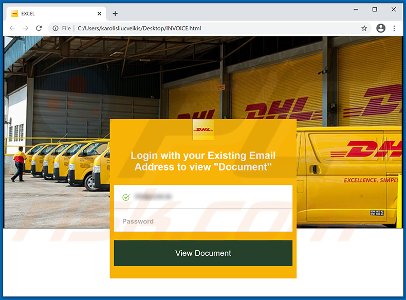 HTML-Datei, die eine DHL-Anmeldeseite imitiert und für Phishing-Zwecke verwendet wird