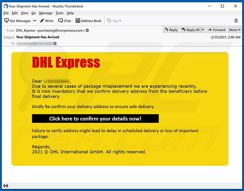 Spam-E-Mail von DHL Express wirbt für eine Phishing-Webseite (2021-02-18)