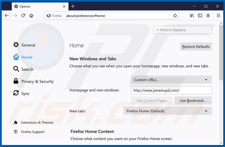 janextupd.com von der Mozilla Firefox Startseite entfernen